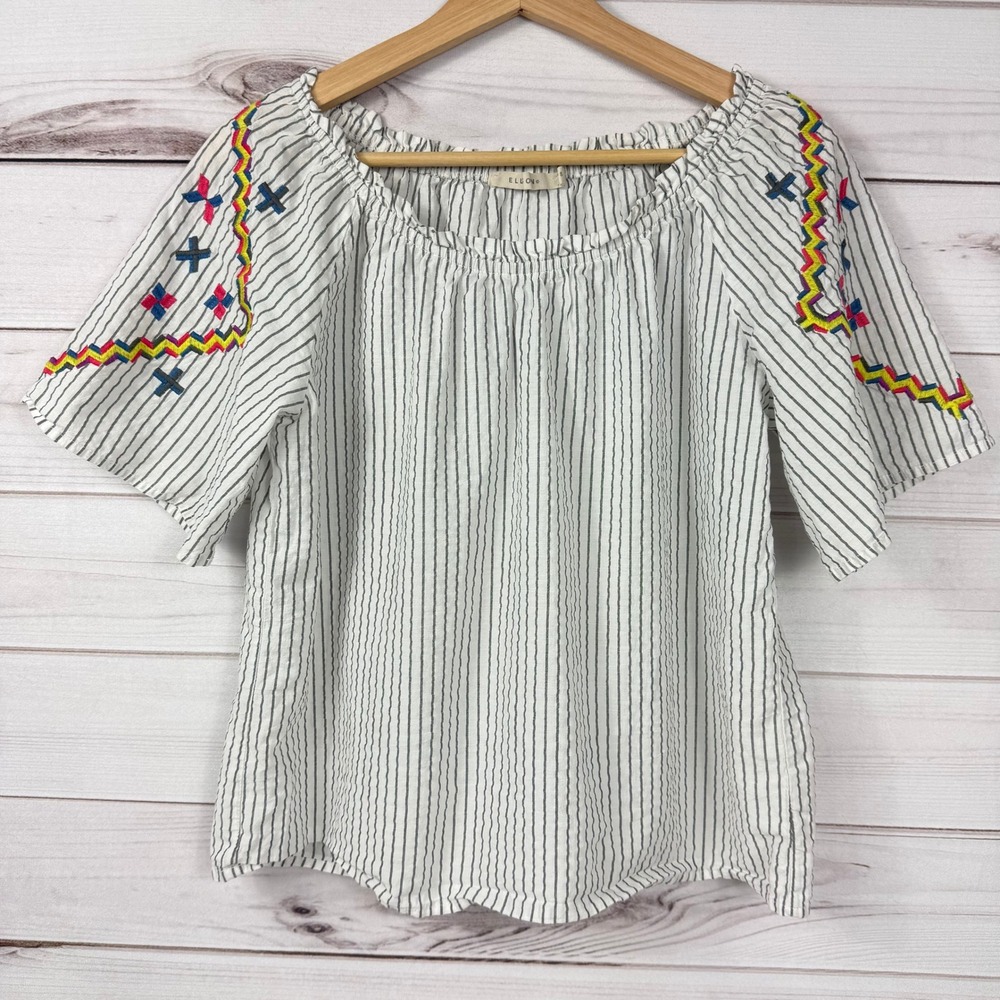 Ellison Off Shoulder Boho Embroidered Striped Blouse Women's Size S‎